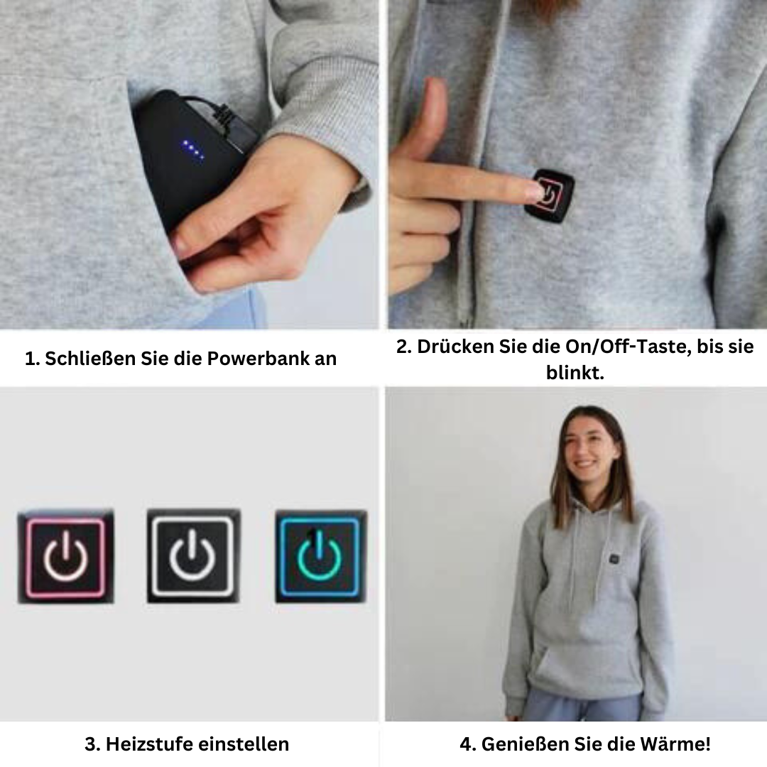 Unisex verwarmde hoodie voor directe warmte in grijs en zwart, ideaal voor buitenactiviteiten en koude dagen.
