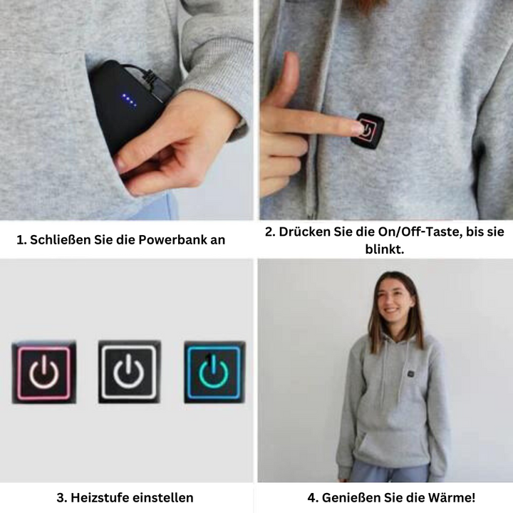 Unisex verwarmde hoodie voor directe warmte in grijs en zwart, ideaal voor buitenactiviteiten en koude dagen.