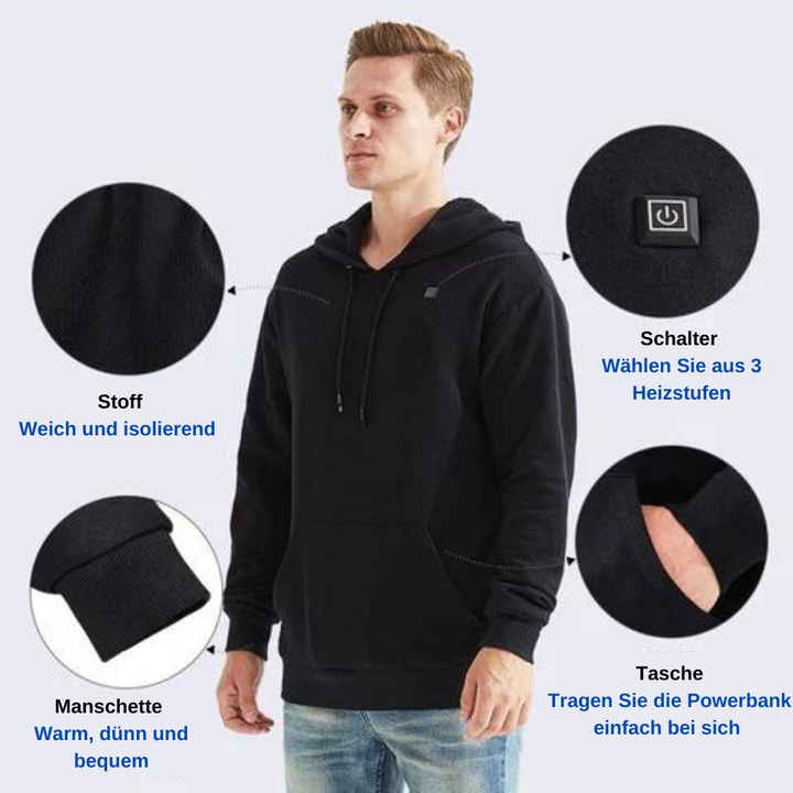 Unisex verwarmde hoodie voor directe warmte in grijs en zwart, ideaal voor buitenactiviteiten en koude dagen.