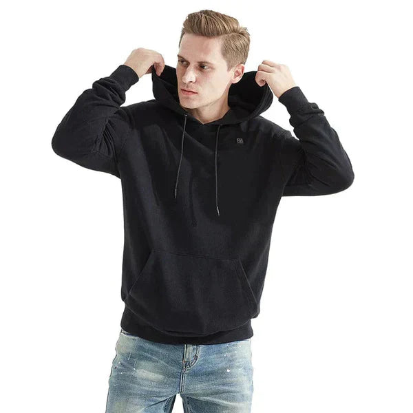 Unisex verwarmde hoodie voor directe warmte in grijs en zwart, ideaal voor buitenactiviteiten en koude dagen.