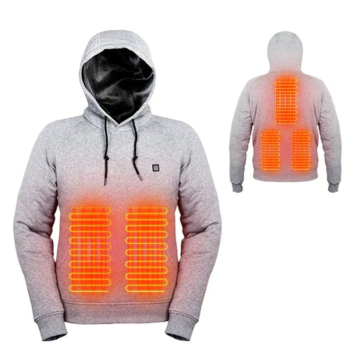 Unisex verwarmde hoodie voor directe warmte in grijs en zwart, ideaal voor buitenactiviteiten en koude dagen.