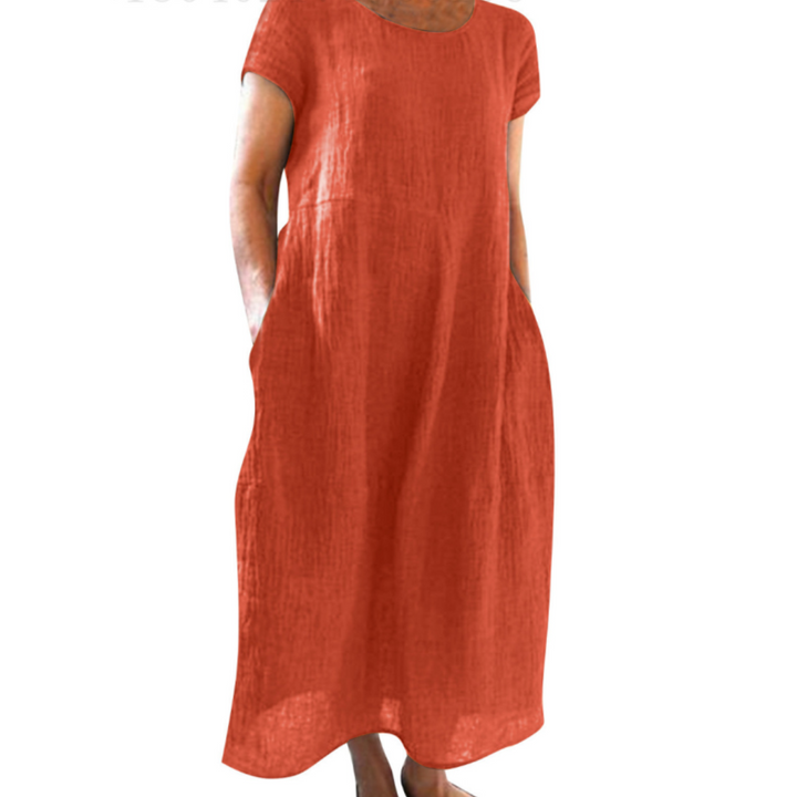 Comfortabele dames midijurk met korte mouwen, ronde hals, veelzijdige stijl, verkrijgbaar in diverse kleuren.