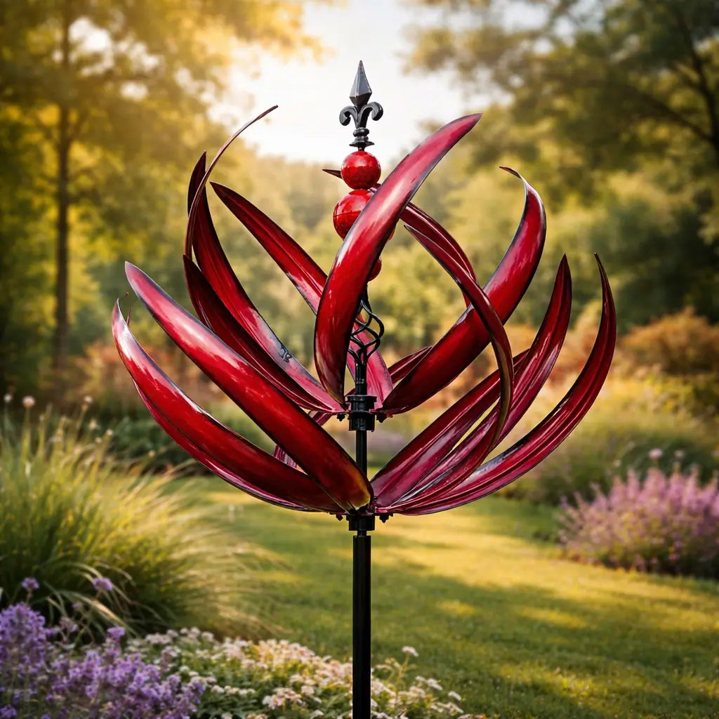 Dynamische FloraSpindel lotus windvaan, een charmante tuindecoratie die sierlijk draait met de wind.