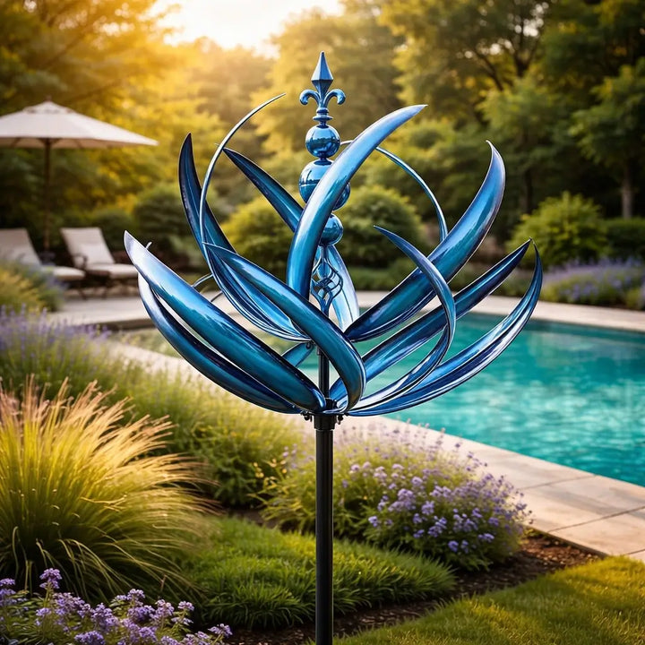 FloraSpindel's betoverende lotus windvaan, een uniek tuincadeau en weerbestendig tuinaccessoire.