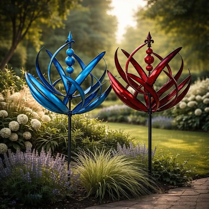 Artistieke FloraSpindel lotus windvaan, unieke decoratieve tuinkunst voor buiten; een eyecatcher.