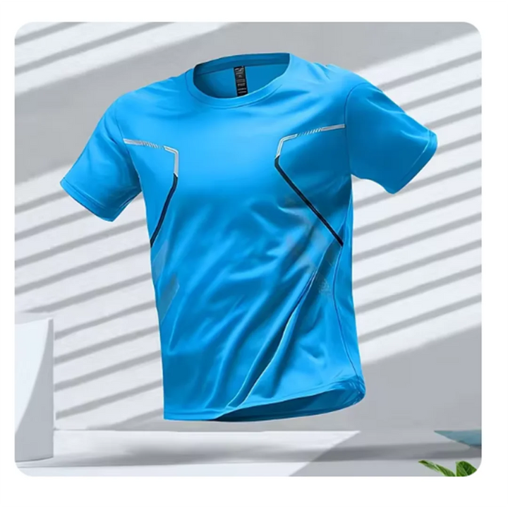 Blauw heren sport-T-shirt, ademend, sneldrogend, ergonomisch ontwerp voor maximale bewegingsvrijheid.