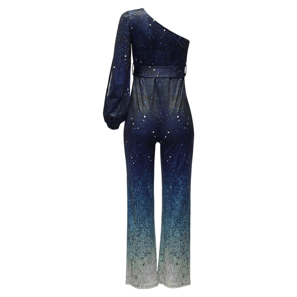 Blauw Retro Disco Outfit, asymmetrische eenmouwstijl, Ombre broek, jaren '70 geïnspireerde damesoutfit