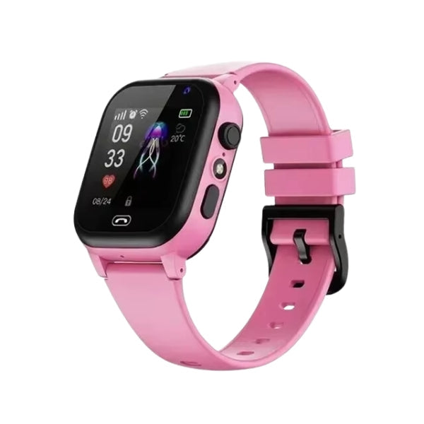 Veilig kinderhorloge met GPS-tracker, monitor veilige zones en contactlijst, geeft ouders rust, blauw design.