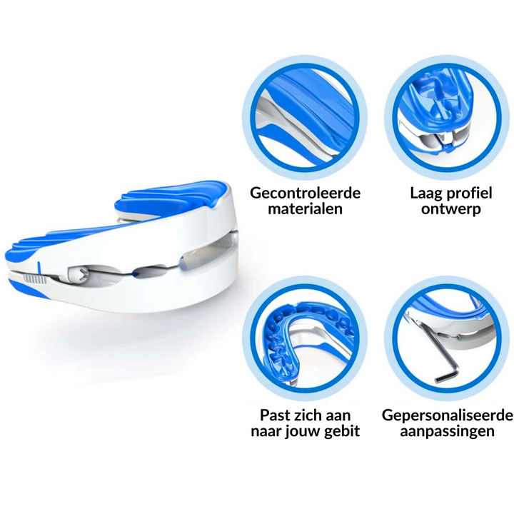 Blauwe anti-snurk beugel, een comfortabel slaaphulpmiddel voor rust en persoonlijke verzorging.