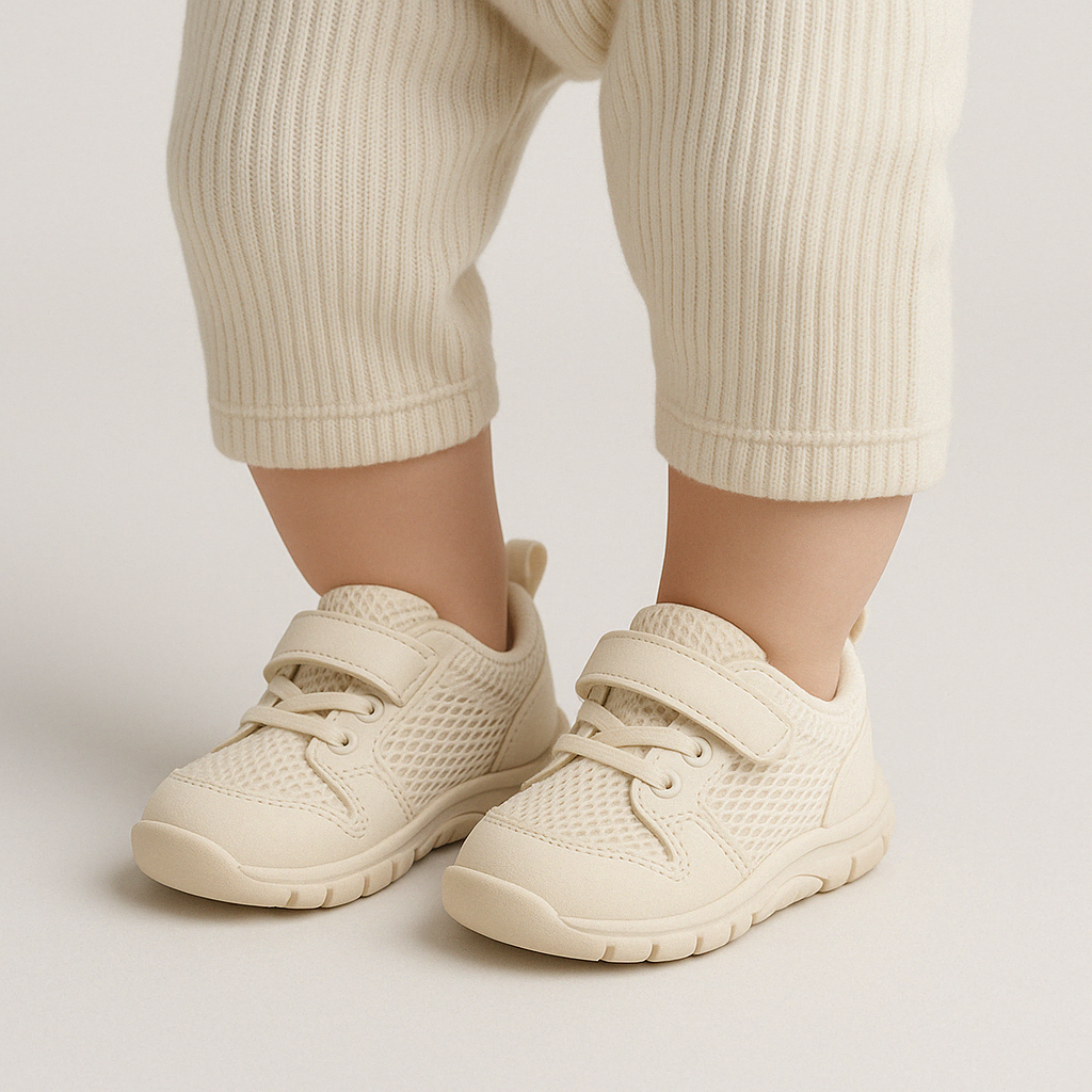 Comfortabele beige barefoot schoenen voor baby's, ideaal voor gezonde voetgroei en eerste stapjes.