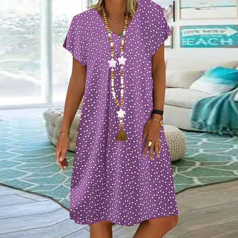 Trendy dames Boheemse V-hals zomerjurk, comfortabele pasvorm. Stijlvolle casual mode, ook in grote maten.