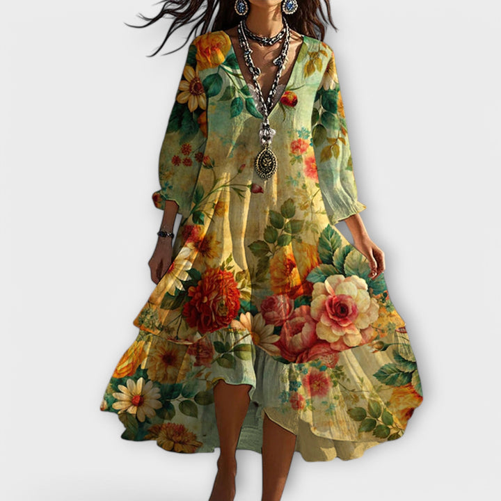 Boho bloemenpatroon zomerjurk, vloeiend, met bloemmotief, elegant vintage damesjurk voor vrije tijd en strand.