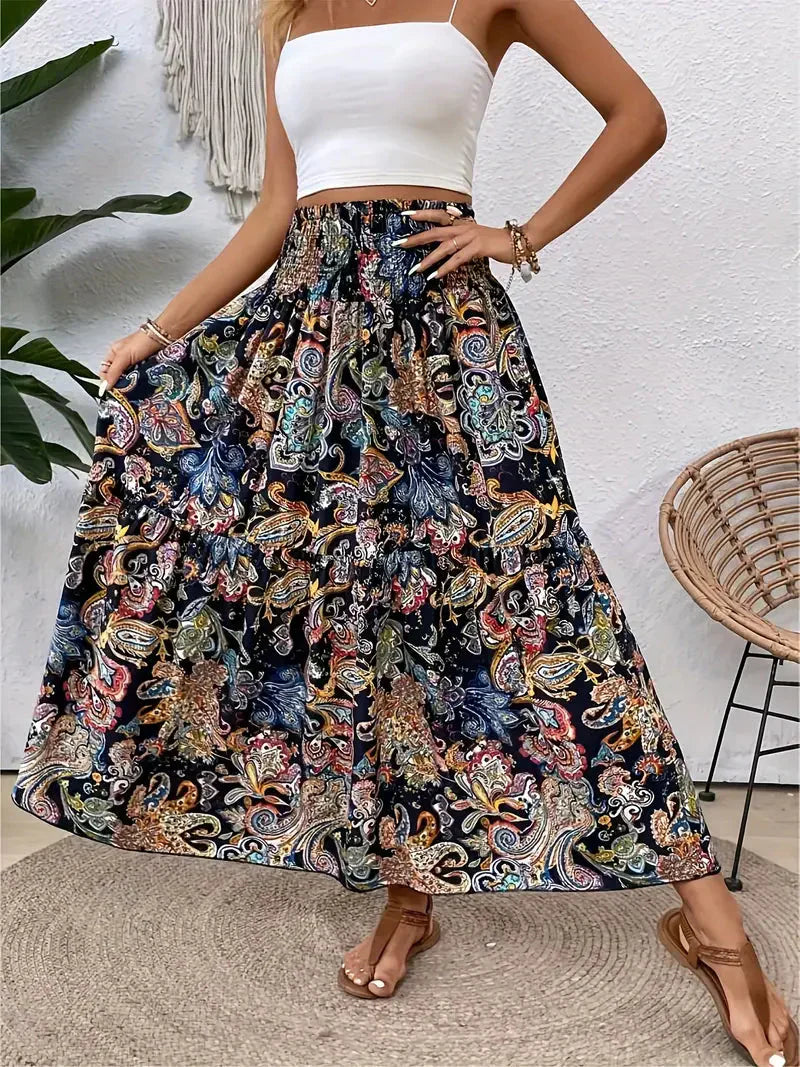 Boho Maxi-rok voor dames, vloeiend met patroon en verfijnde taille, voor elegante looks in Zwart, Rood of Bruin.