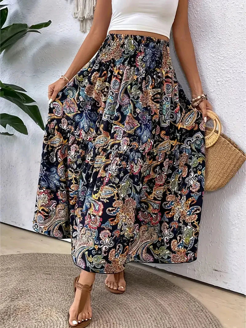 Boho Maxi-rok voor dames, vloeiend met patroon en verfijnde taille, voor elegante looks in Zwart, Rood of Bruin.