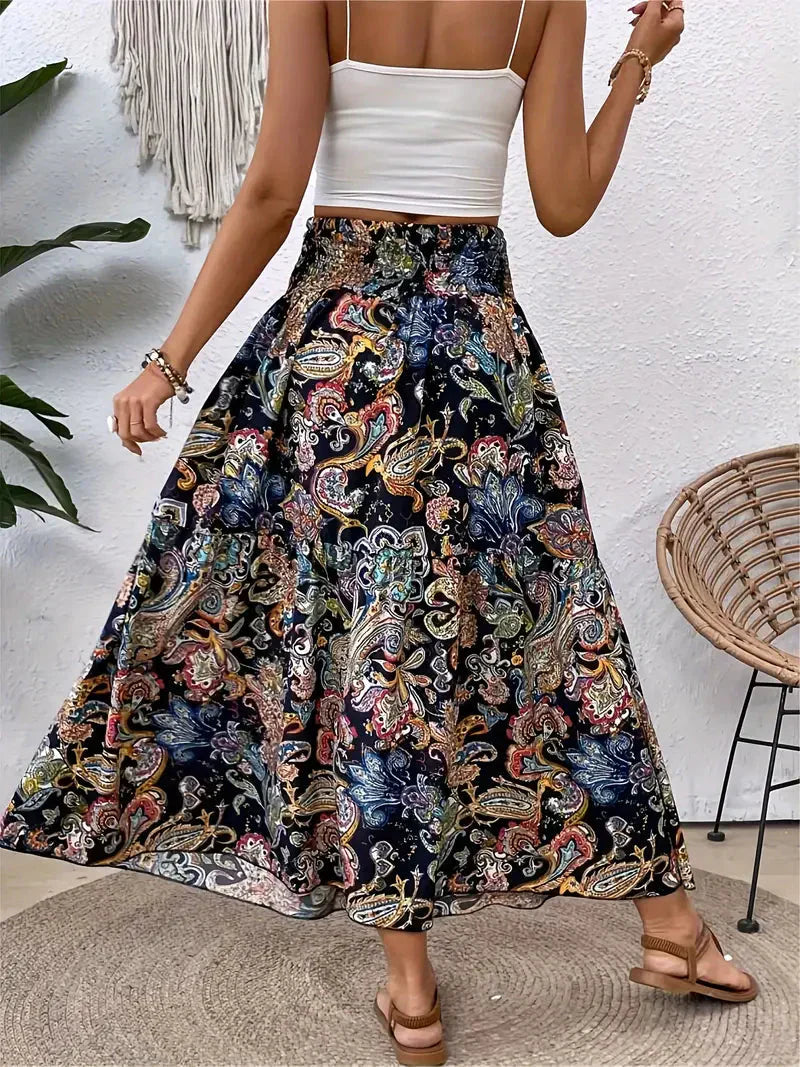 Boho Maxi-rok voor dames, vloeiend met patroon en verfijnde taille, voor elegante looks in Zwart, Rood of Bruin.