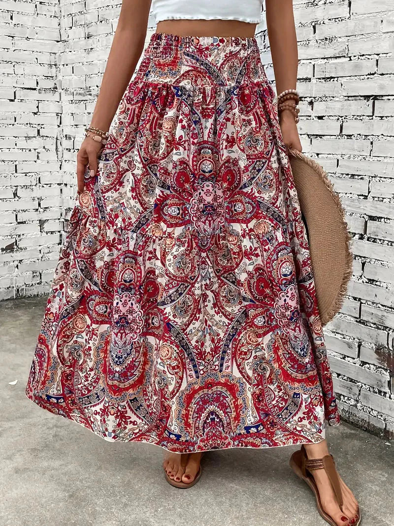 Boho Maxi-rok voor dames, vloeiend met patroon en verfijnde taille, voor elegante looks in Zwart, Rood of Bruin.