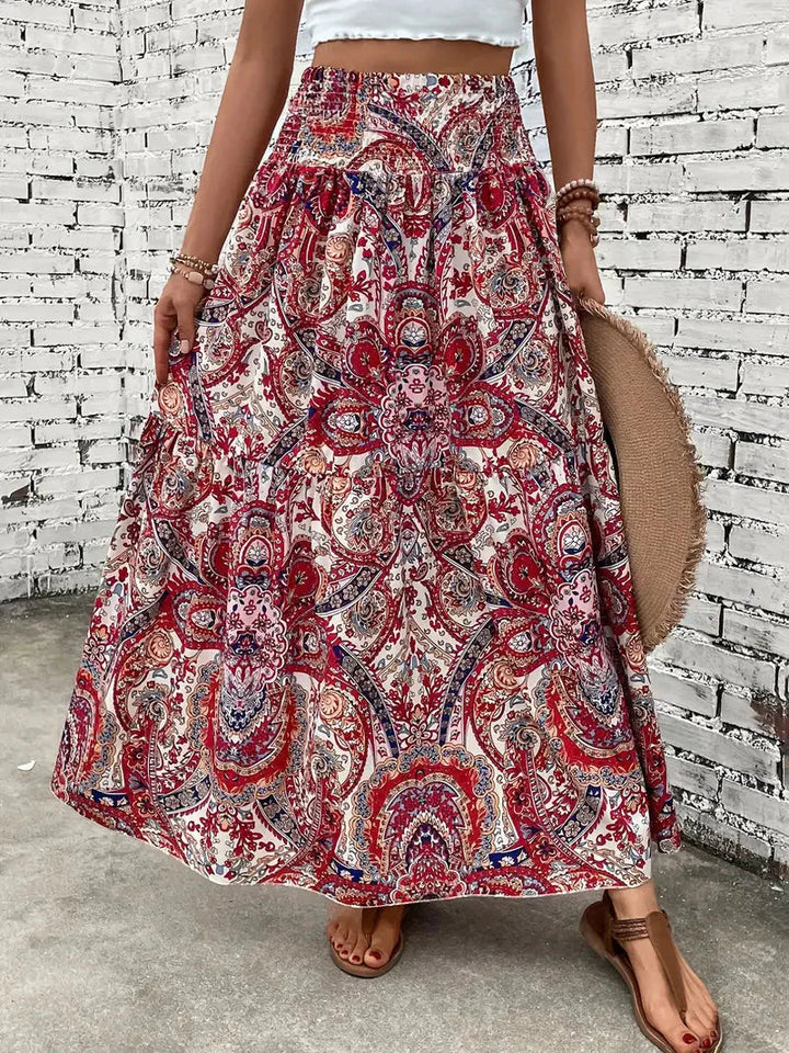 Boho Maxi-rok voor dames, vloeiend met patroon en verfijnde taille, voor elegante looks in Zwart, Rood of Bruin.
