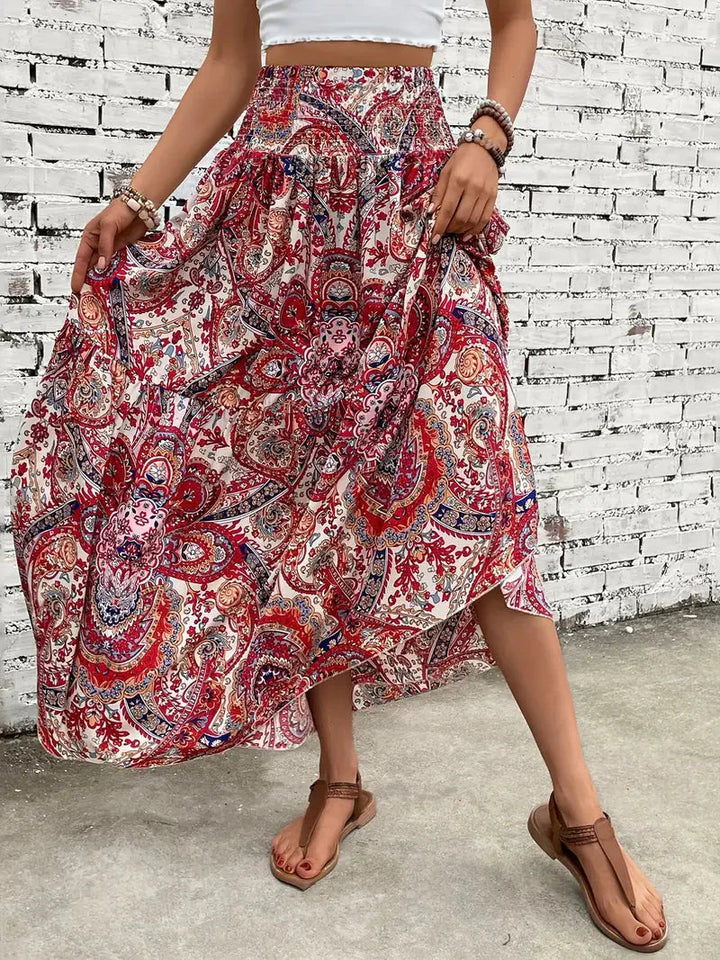 Boho Maxi-rok voor dames, vloeiend met patroon en verfijnde taille, voor elegante looks in Zwart, Rood of Bruin.