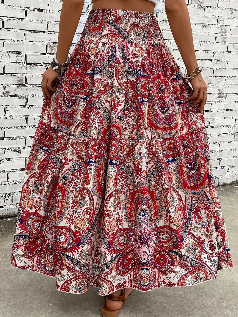 Boho Maxi-rok voor dames, vloeiend met patroon en verfijnde taille, voor elegante looks in Zwart, Rood of Bruin.
