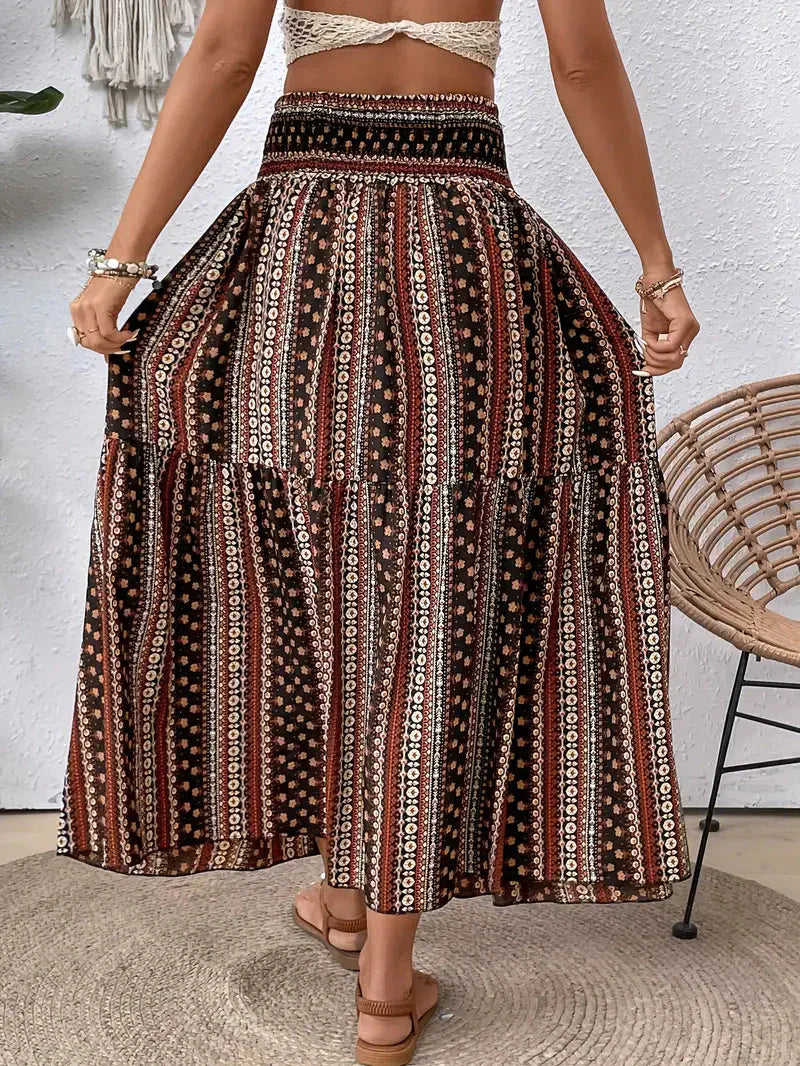 Boho Maxi-rok voor dames, vloeiend met patroon en verfijnde taille, voor elegante looks in Zwart, Rood of Bruin.