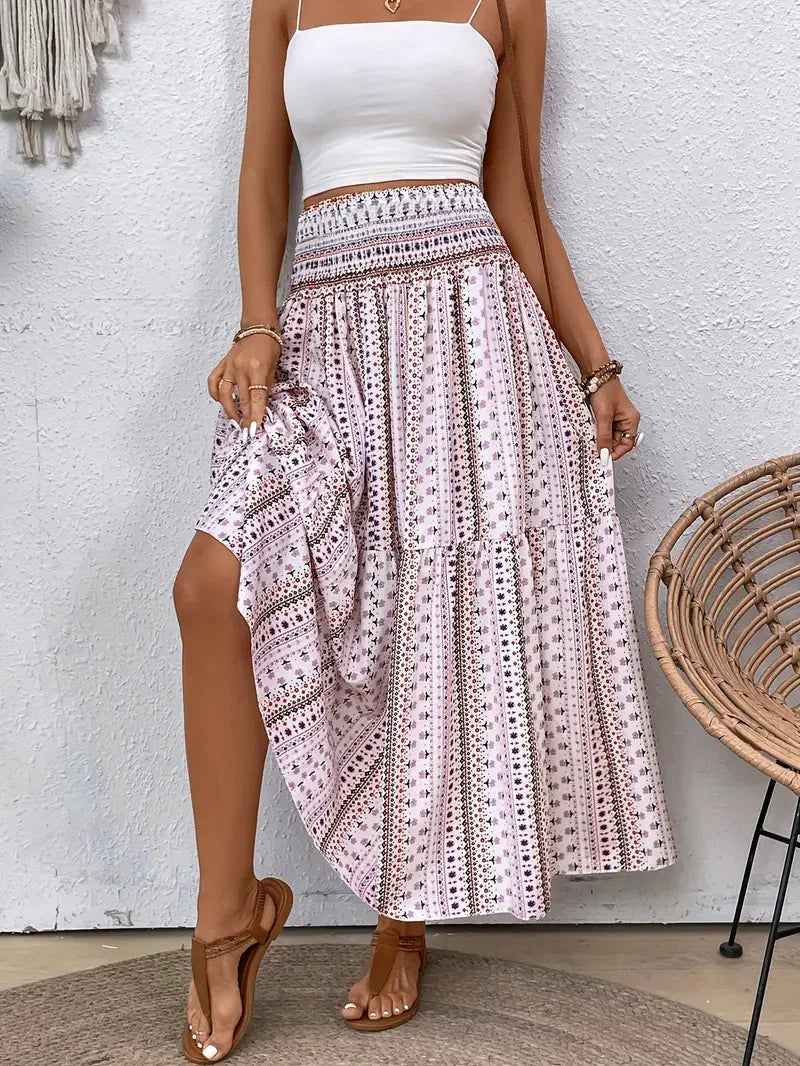 Boho Maxi-rok voor dames, vloeiend met patroon en verfijnde taille, voor elegante looks in Zwart, Rood of Bruin.