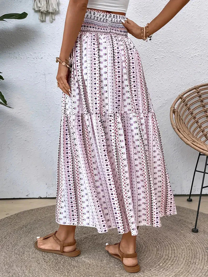 Boho Maxi-rok voor dames, vloeiend met patroon en verfijnde taille, voor elegante looks in Zwart, Rood of Bruin.