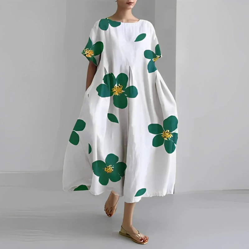 Boho midi jurk voor dames met delicate bloemenprint, vloeiende pasvorm en veelzijdige stijl, perfect voor elke gelegenheid.