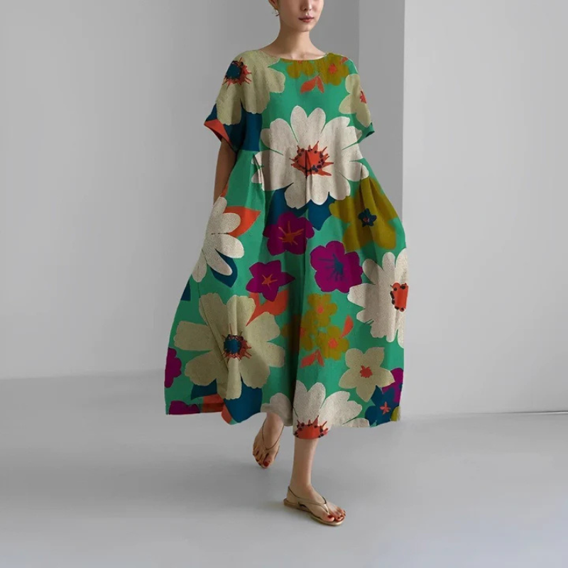 Boho midi jurk voor dames met delicate bloemenprint, vloeiende pasvorm en veelzijdige stijl, perfect voor elke gelegenheid.