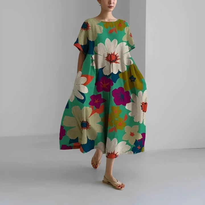 Boho midi jurk voor dames met delicate bloemenprint, vloeiende pasvorm en veelzijdige stijl, perfect voor elke gelegenheid.