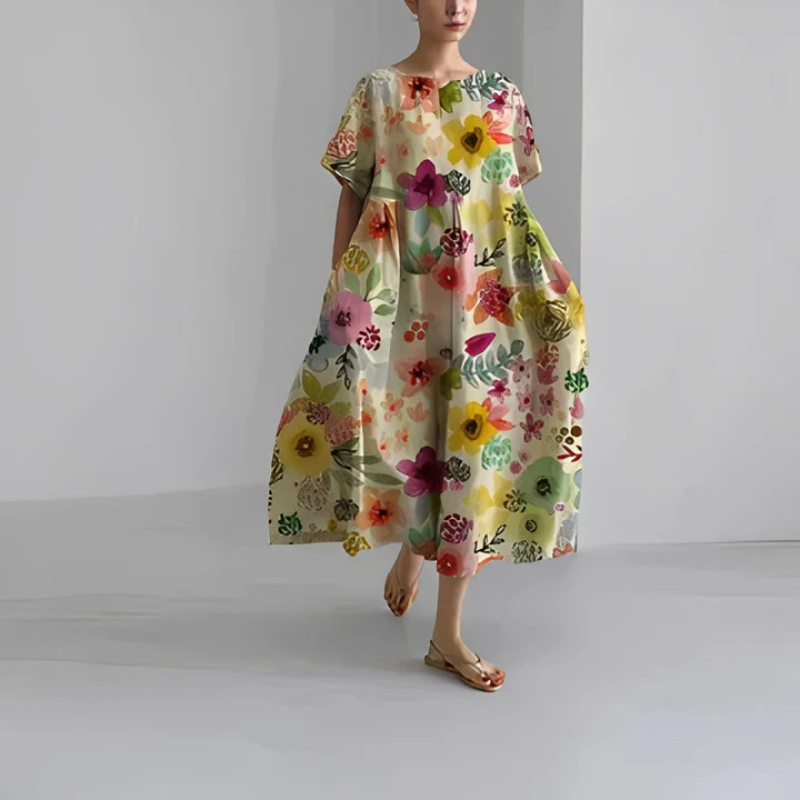 Boho midi jurk voor dames met delicate bloemenprint, vloeiende pasvorm en veelzijdige stijl, perfect voor elke gelegenheid.