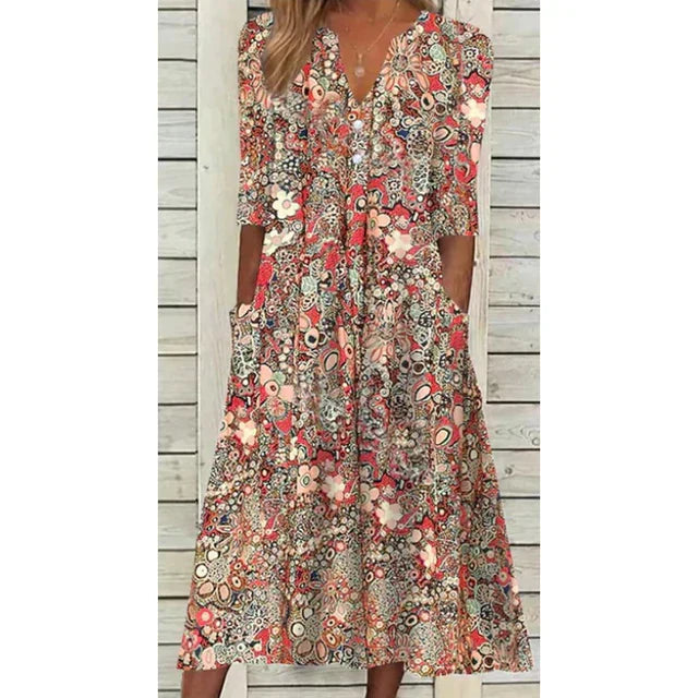 Dames boho linnen zomerjurk met elegant bloemenpatroon, V-hals en korte mouwen, ideaal voor warme dagen.