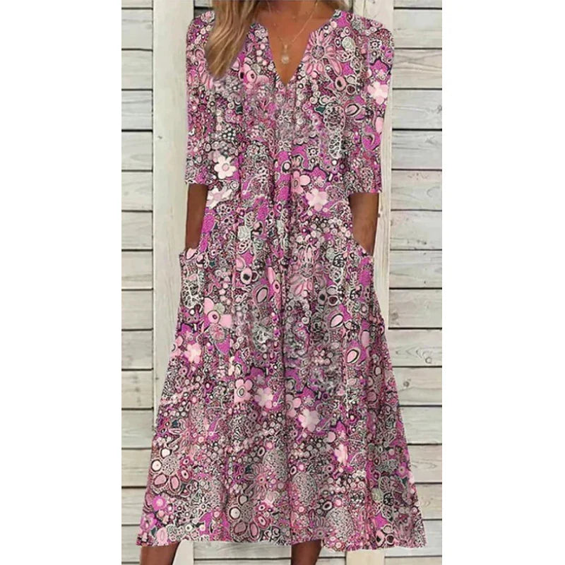 Dames boho linnen zomerjurk met elegant bloemenpatroon, V-hals en korte mouwen, ideaal voor warme dagen.