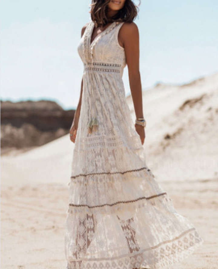 Boho kanten jurk voor dames, enkellang, V-hals, mouwloos, fijn kant, ideaal voor de zomer, elegant en comfortabel.