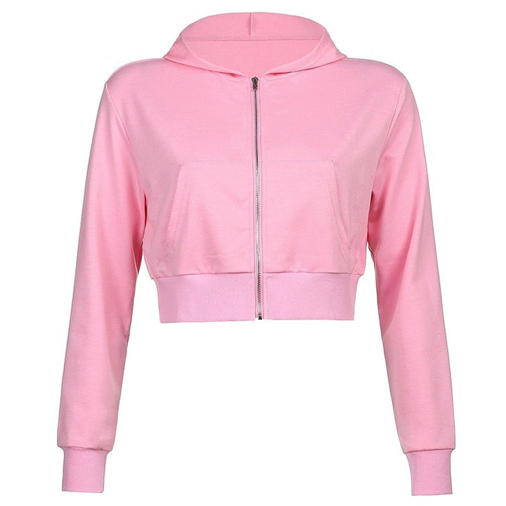 Roze dames cropped hoodie, zip-up model met capuchon, trendy en casual voor elke gelegenheid.