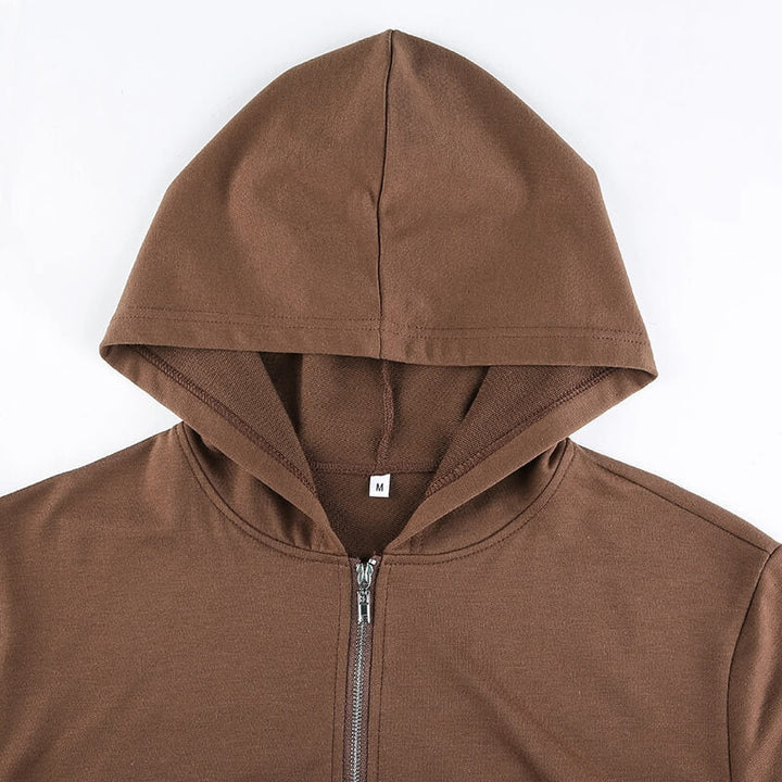 Dames trendy cropped zip-up hoodie in bruin, met capuchon en comfortabele stof, casual.