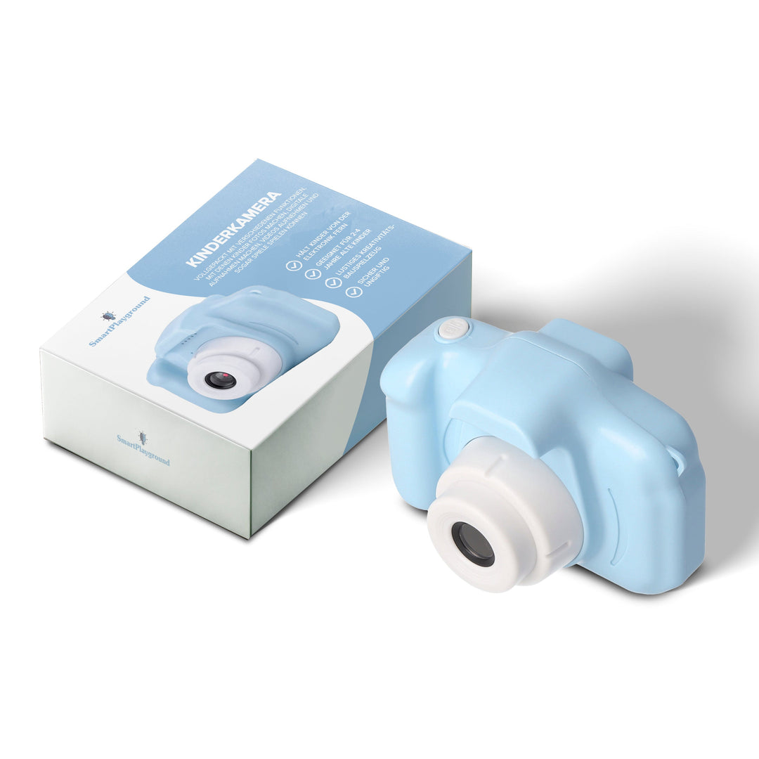 Kleuren kindercamera met grote knoppen voor eenvoudige bediening, robuust ontwerp in lichtblauw, lichtroze, mintgroen.