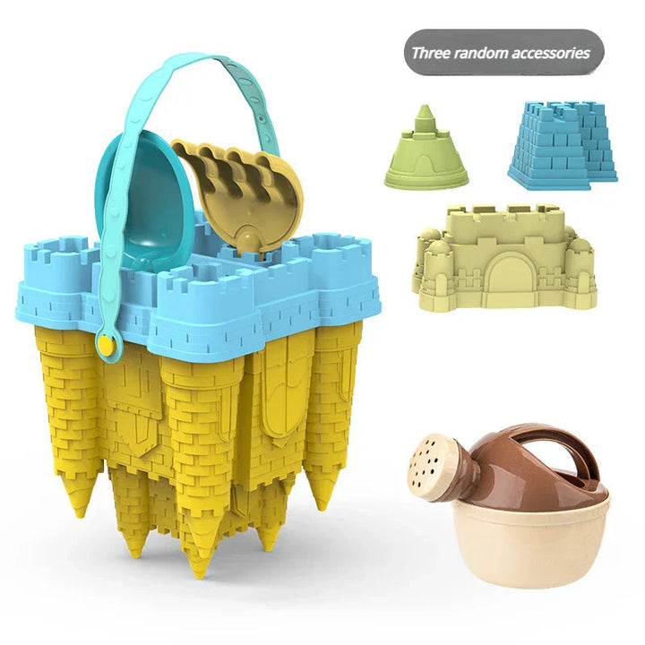 Kleurrijke zandbakspeelset met vormpjes, schepjes en emmer, ideaal voor creatief plezier op het strand of in de tuin.