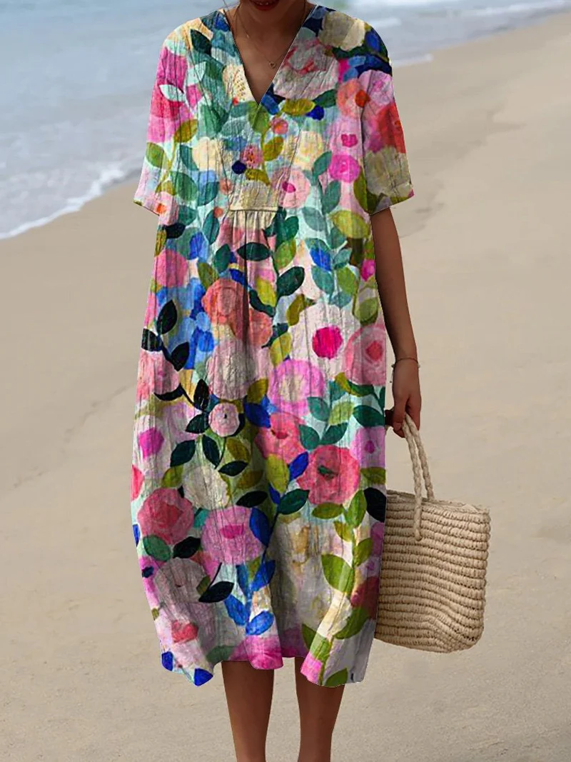 Kleurrijke zomerjurk met bloemenprint, lichte elegantie, knielengte, luchtige stof, ideaal voor warme dagen en zomerse evenementen.