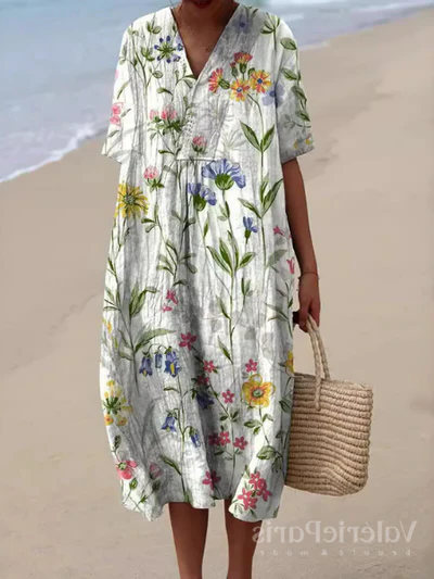 Kleurrijke zomerjurk met bloemenprint, lichte elegantie, knielengte, luchtige stof, ideaal voor warme dagen en zomerse evenementen.