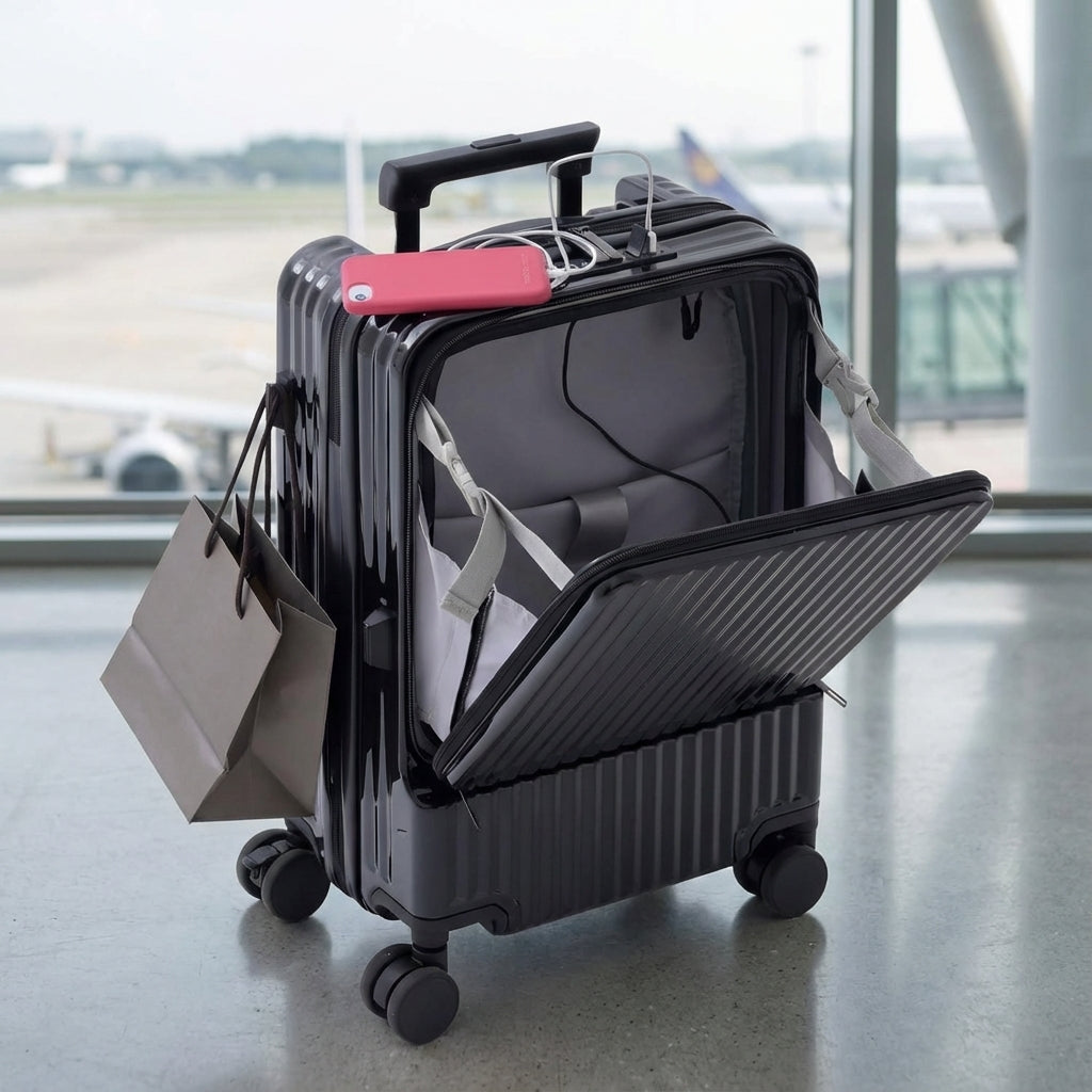 CarryNex handbagage koffer met voorvak, ideaal voor snelle toegang tot laptop/documenten, perfect voor zakelijk reizen.
