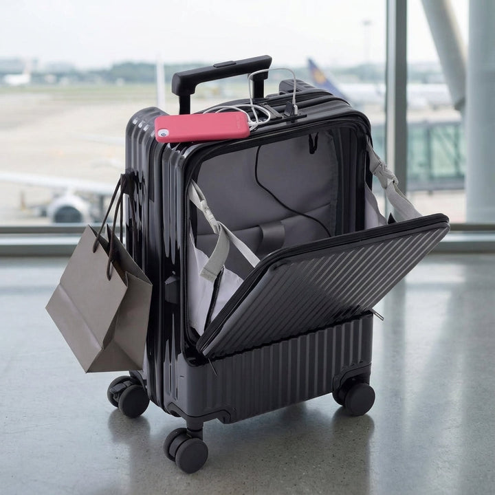 CarryNex handbagage koffer met voorvak, ideaal voor snelle toegang tot laptop/documenten, perfect voor zakelijk reizen.