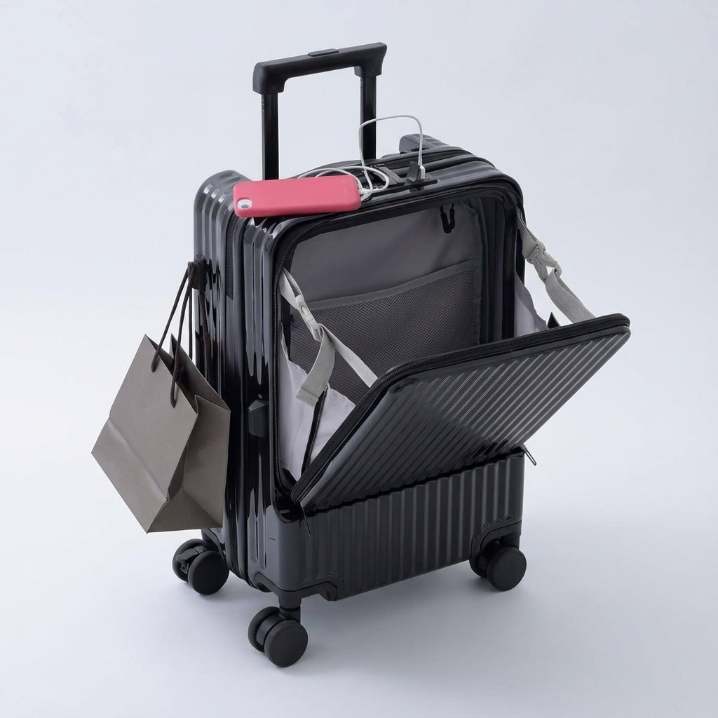 Lichtgewicht handbagage koffer met handig voorvak, geïntegreerde USB-poort en drinkhouder voor slim en comfortabel reizen.