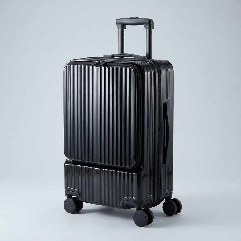 Front opening handbagage koffer met ruim voorvak voor laptop/tablet, voor slimme reizigers die snel toegang nodig hebben.