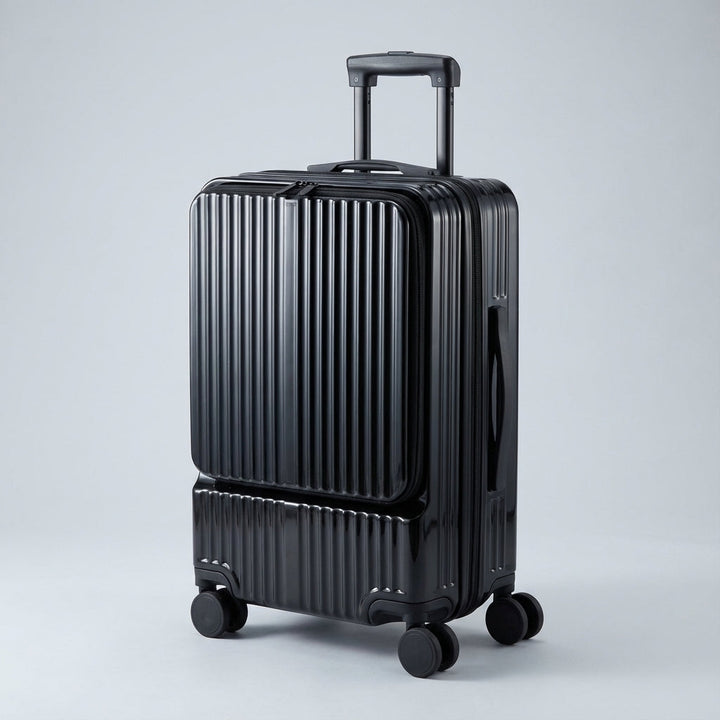 Front opening handbagage koffer met ruim voorvak voor laptop/tablet, voor slimme reizigers die snel toegang nodig hebben.