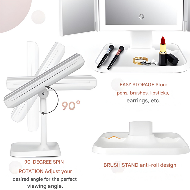Dames Clara LED make-up spiegel op kaptafel met cosmetica, toont de 3 lichtstanden voor elke gelegenheid.