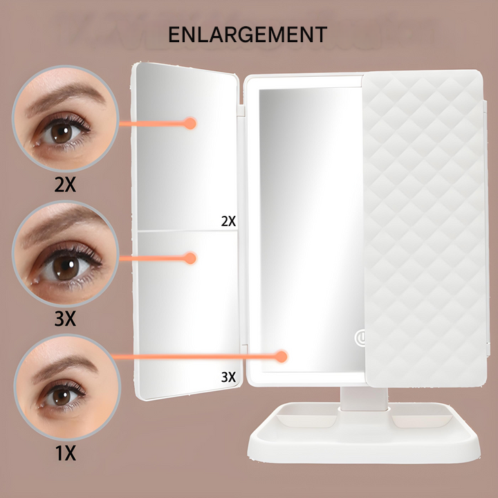 Compacte, opvouwbare roze Clara LED make-up spiegel, een verlichte schoonheidstool voor thuis of op reis.