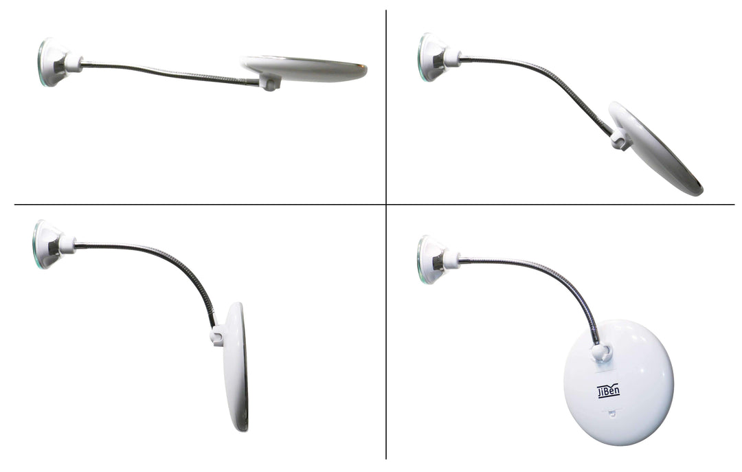 Wandgemonteerde LED make-up spiegel met flexibele zwanenhals en 10x vergroting voor optimale schoonheidsroutines.