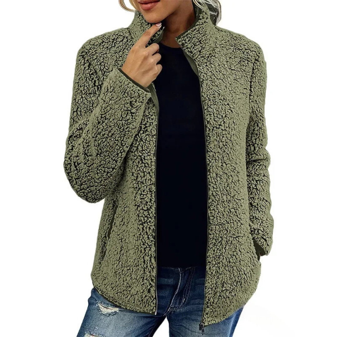 Modieus Petra dames fleecevest, casual tussenjas met hoge kraag voor een trendy winterlook.