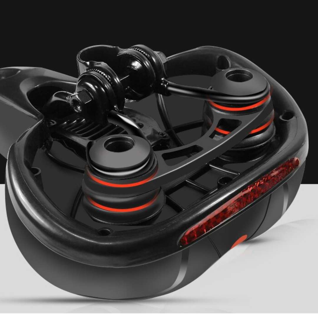 Vooraanzicht RideEase ergonomisch fietszadel, eenvoudig te monteren universeel fietsaccessoire voor comfort en veiligheid.