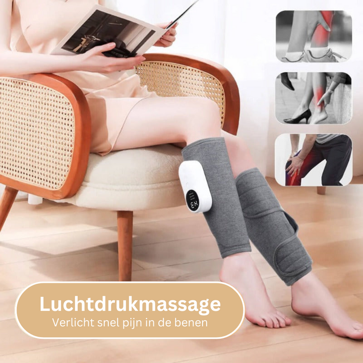 Draadloos beenmassageapparaat met EMS en compressie voor spierherstel en betere bloedsomloop.